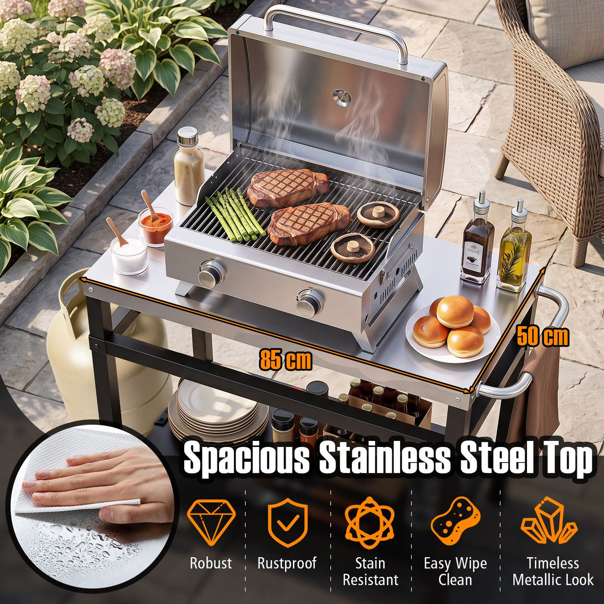 Double-Shelf Grill Table with 85 x 50 cm Stainless Steel Top