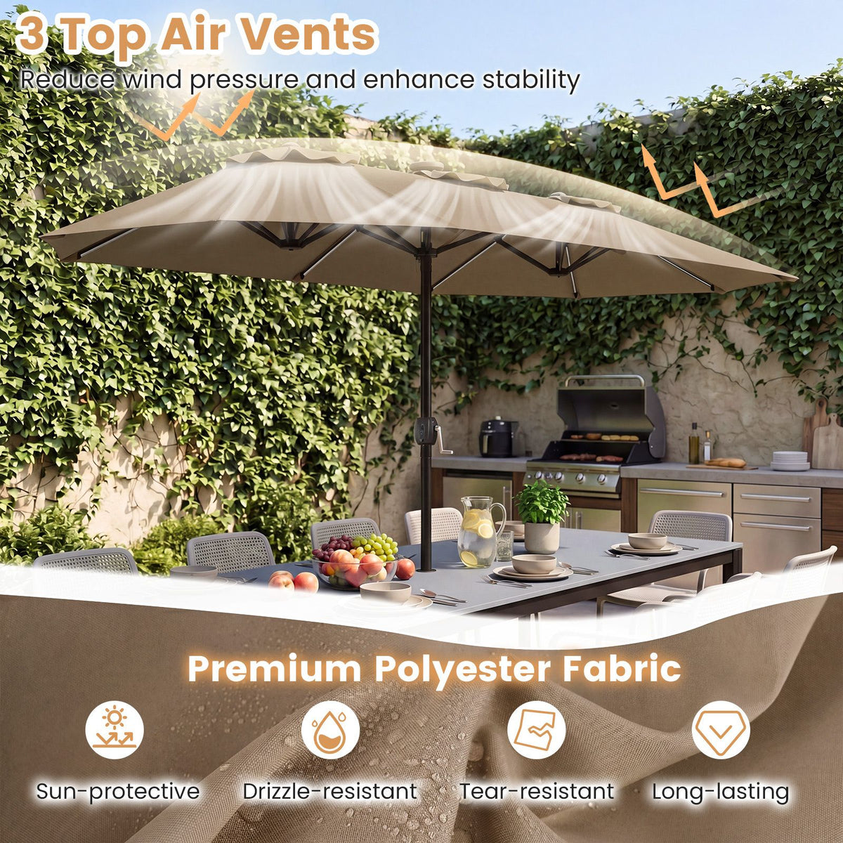 Double-Sided Patio Umbrella with Color-Changing Solar LED