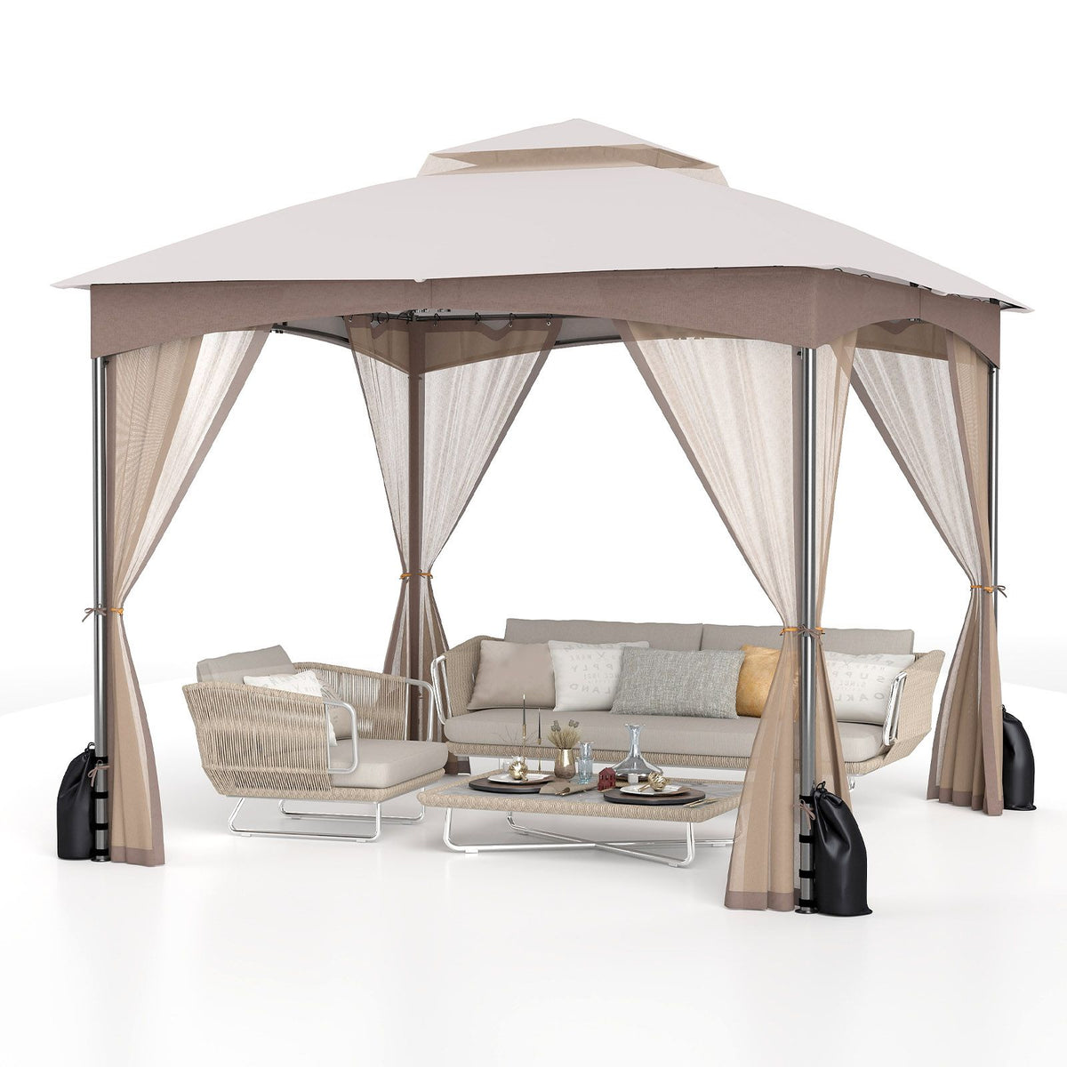 3 X 3M Patio Gazebo with Double Roof Canopy and Sandbags for Garden