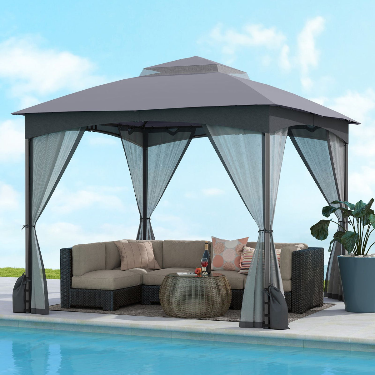 3 X 3M Patio Gazebo with Double Roof Canopy and Sandbags for Garden