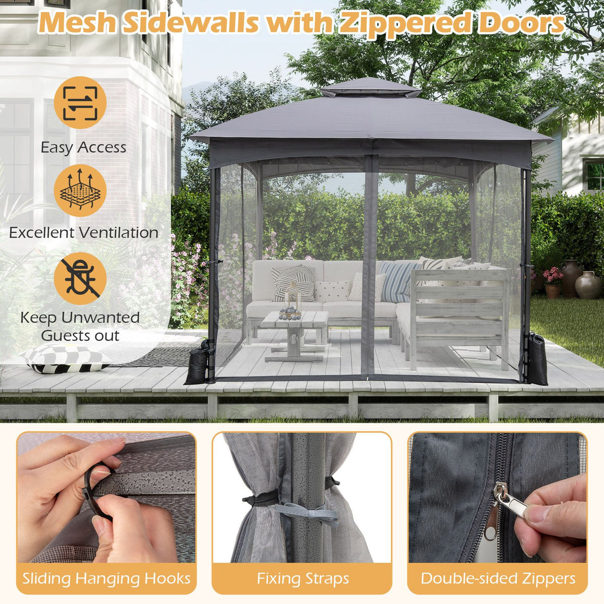 3 X 3M Patio Gazebo with Double Roof Canopy and Sandbags for Garden