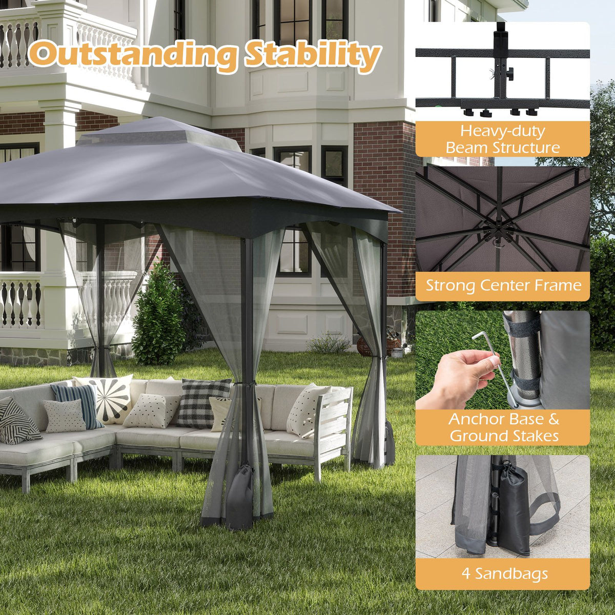 3 X 3M Patio Gazebo with Double Roof Canopy and Sandbags for Garden