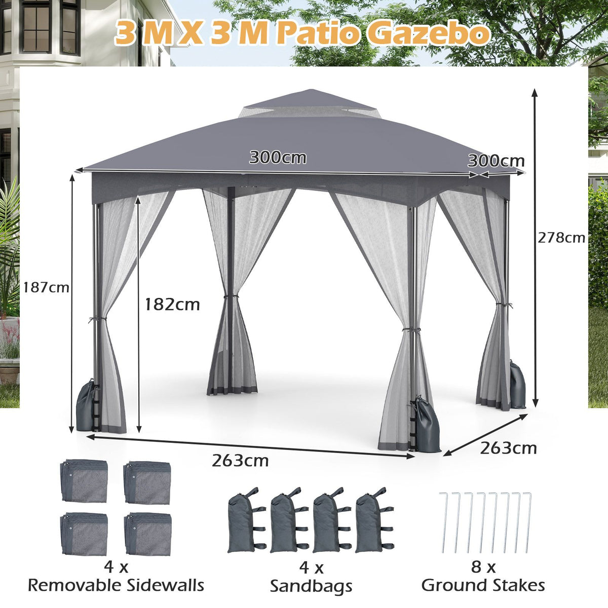 3 X 3M Patio Gazebo with Double Roof Canopy and Sandbags for Garden