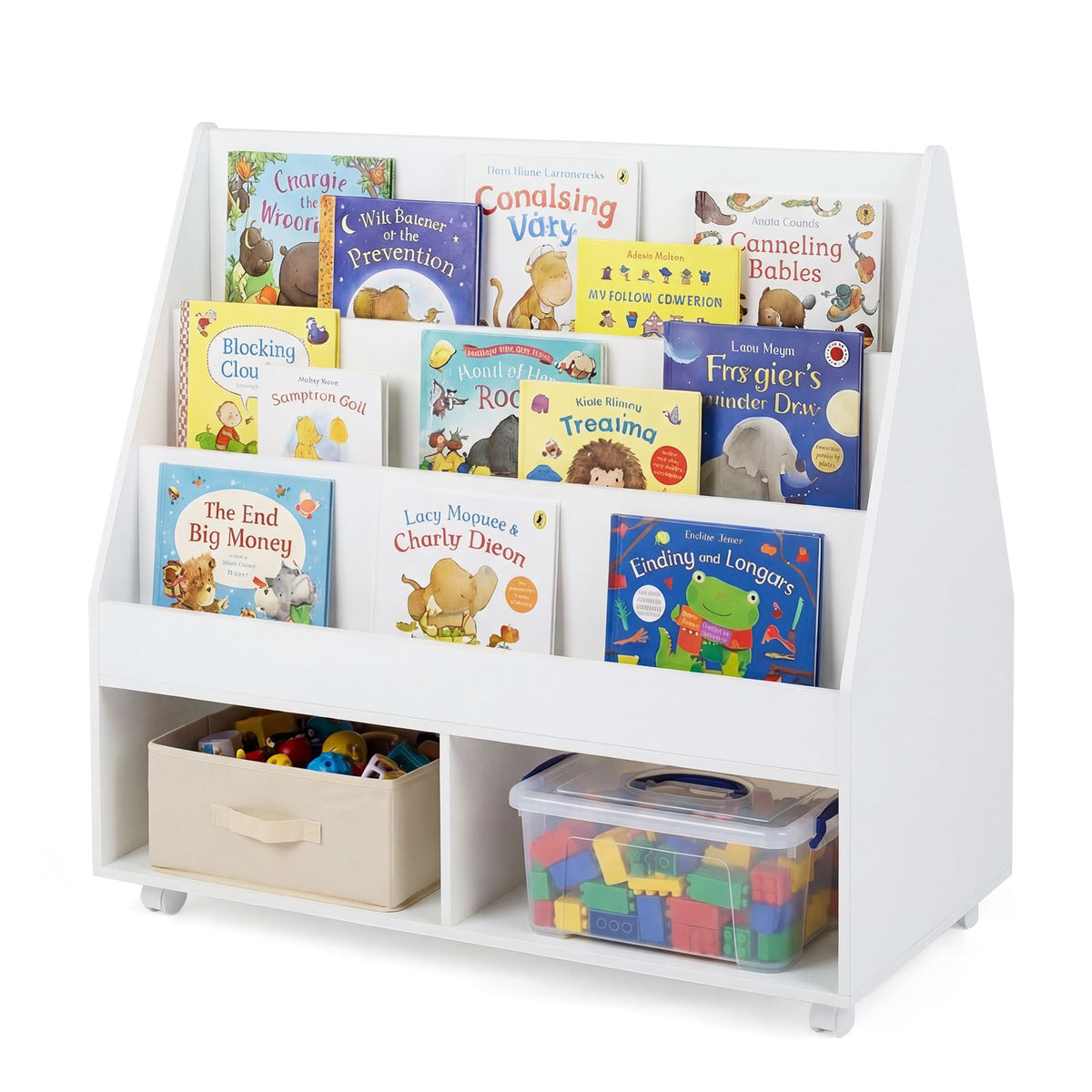 Double-Sided Kids Bookshelf on Wheels with Chalkboard and Open Cubes