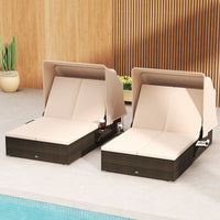 Double Chaise Lounge with Adjustable Recliner and Folding Trays