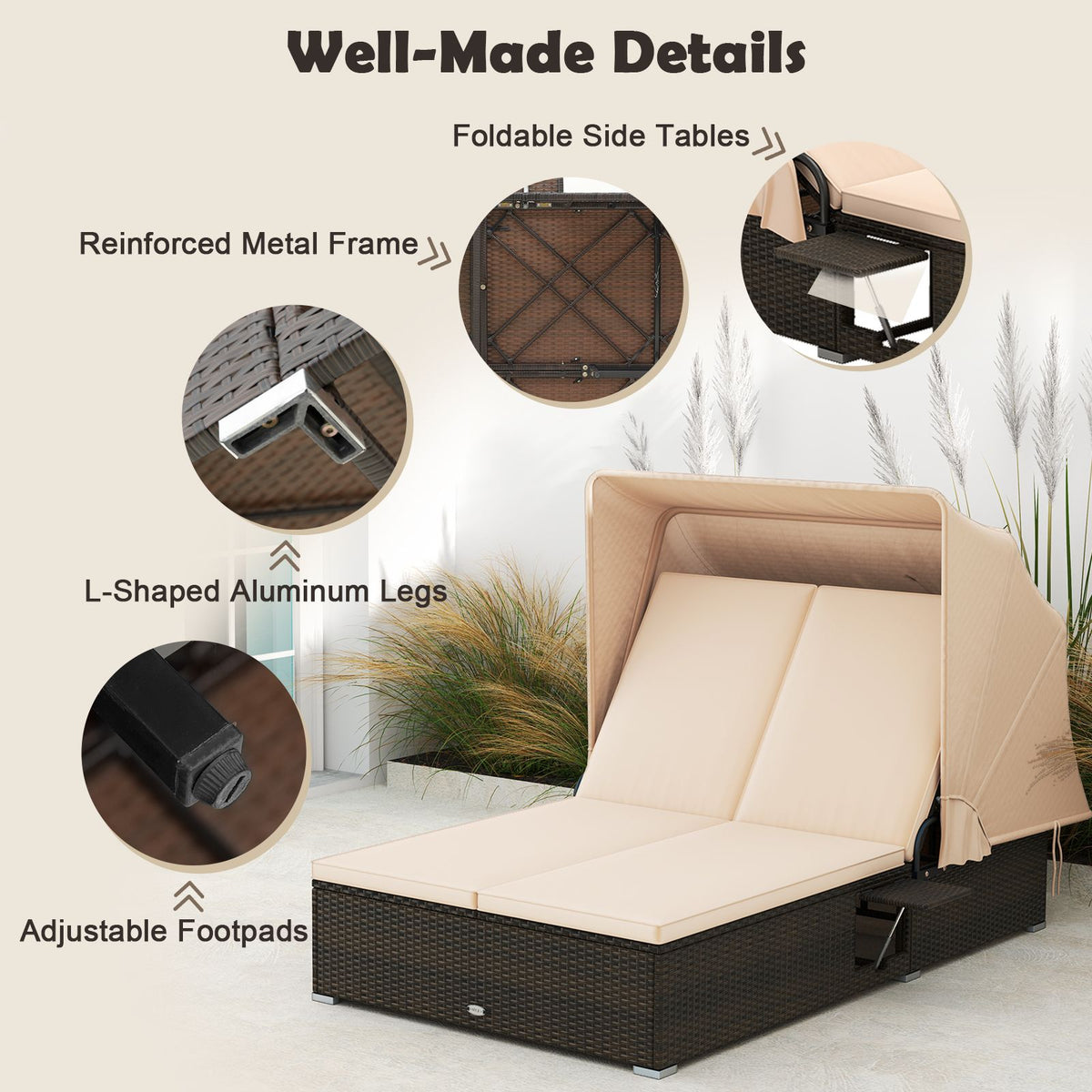 Double Chaise Lounge with Adjustable Recliner and Folding Trays