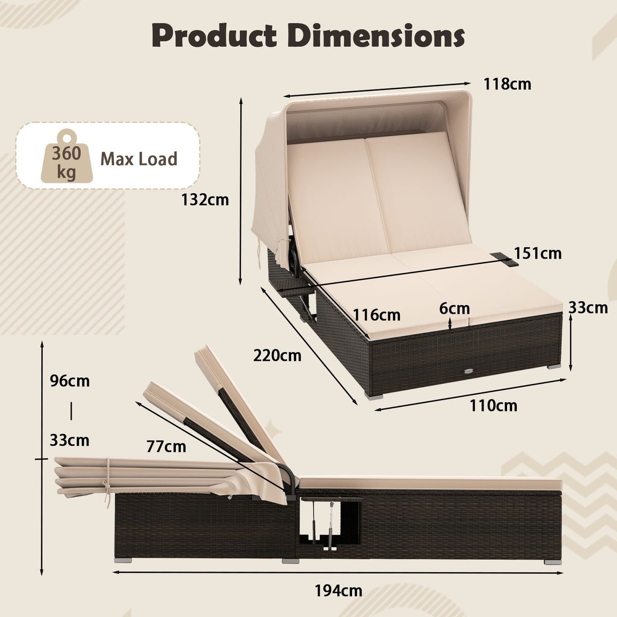 Double Chaise Lounge with Adjustable Recliner and Folding Trays
