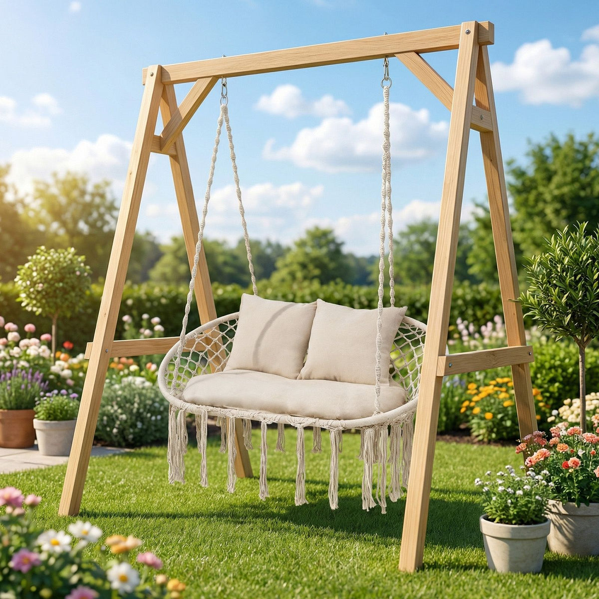 Double Swing Chair with Cushions for Indoor Outdoor Use