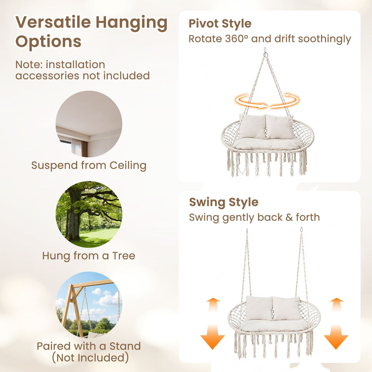 Double Swing Chair with Cushions for Indoor Outdoor Use