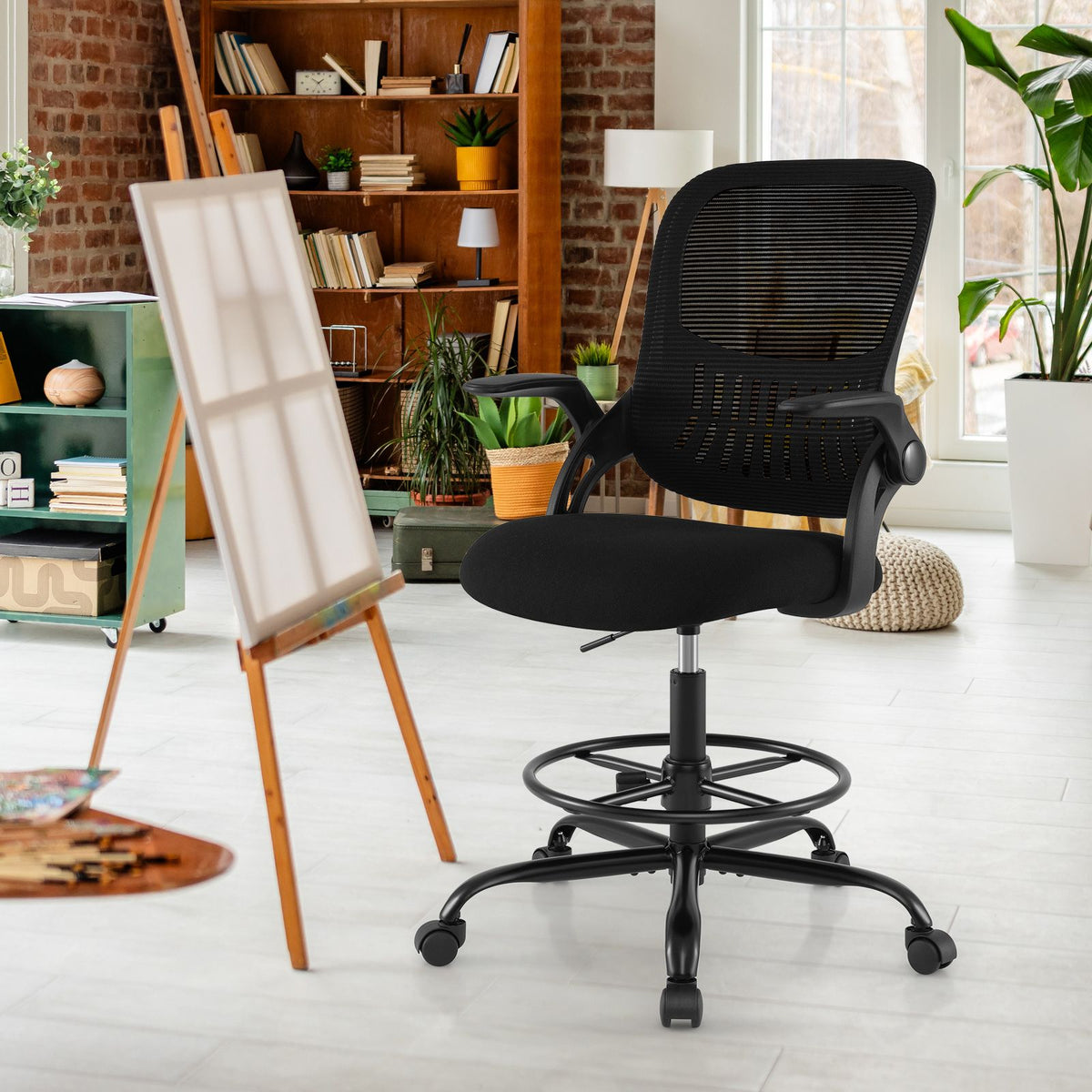 Drafting Chair with Flip Up Armrests and Adjustable Footrest Ring