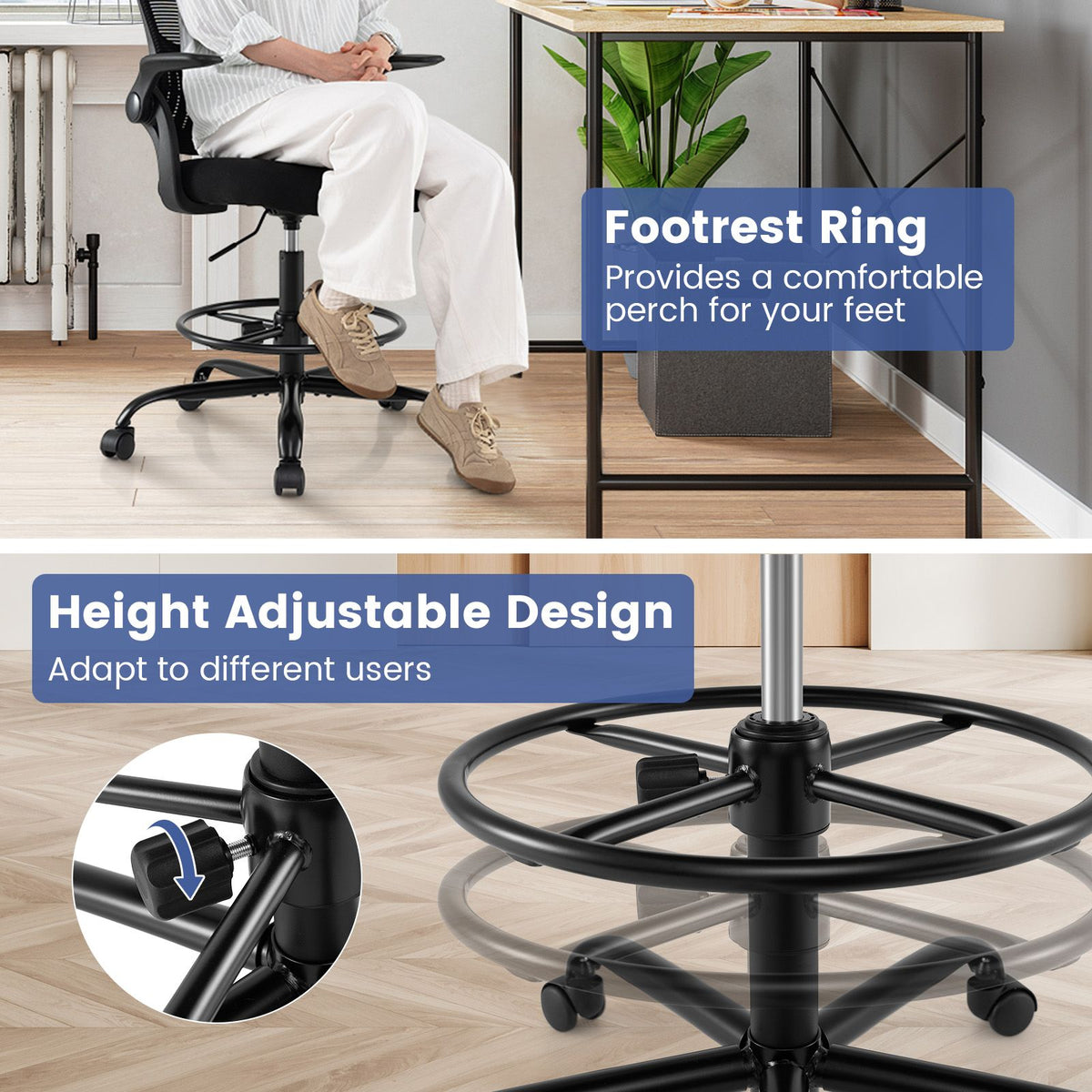 Drafting Chair with Flip Up Armrests and Adjustable Footrest Ring