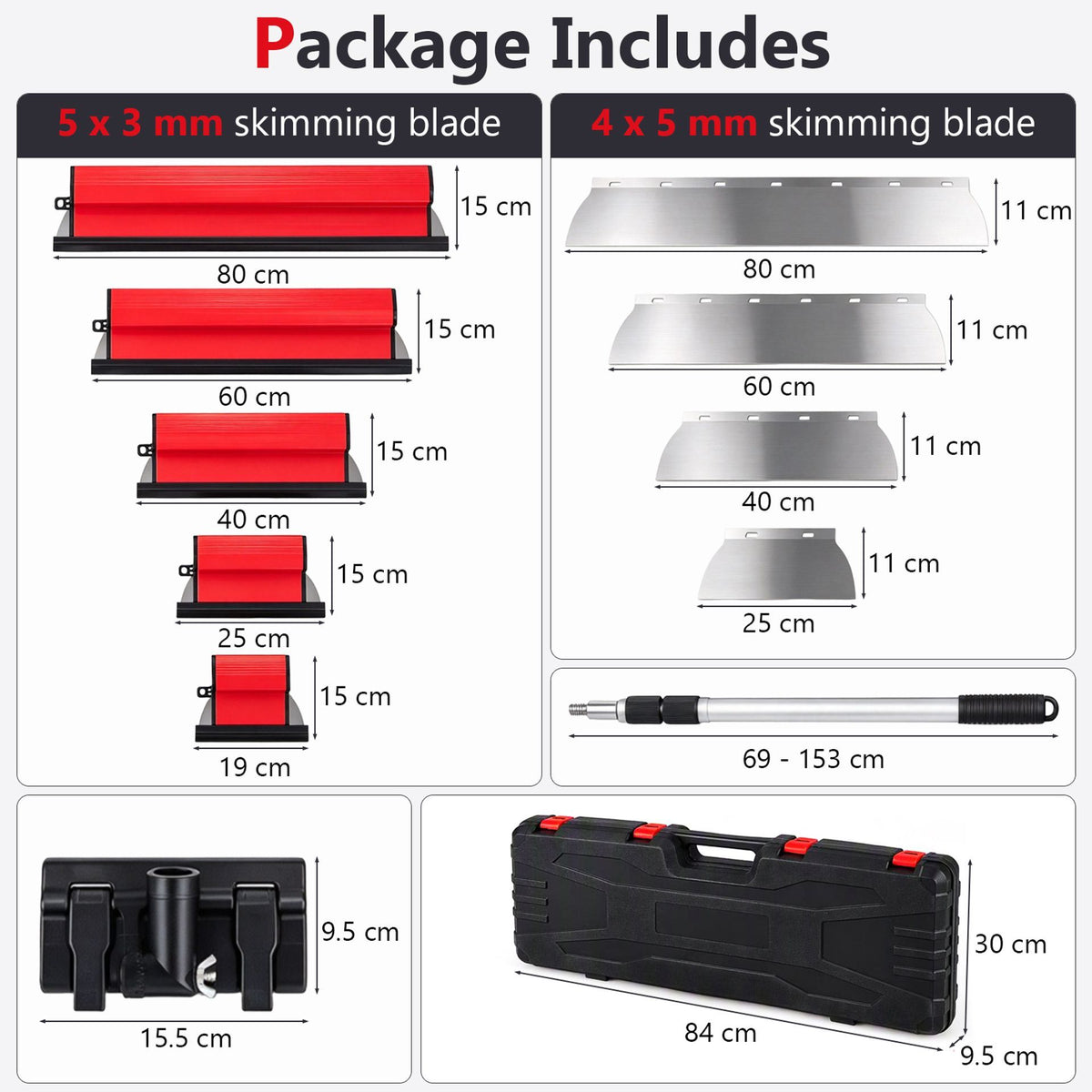 Drywall Skimming Blade Set with 19cm/25cm/40cm/60cm/80cm Stainless Steel Blades