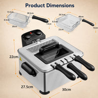 2000W Stainless Steel Electric Deep Fryer 5L with Triple Baskets for Family