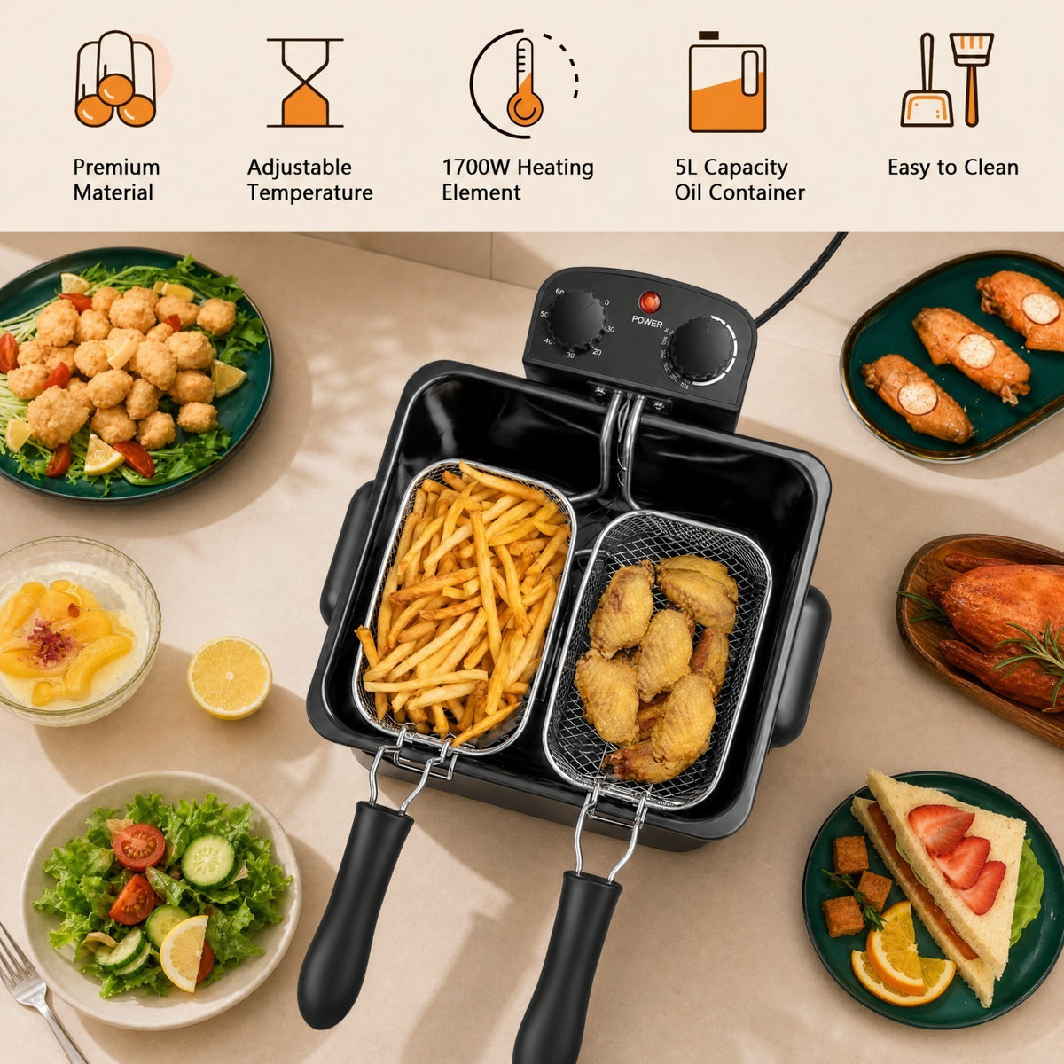 2000W Stainless Steel Electric Deep Fryer 5L with Triple Baskets for Family