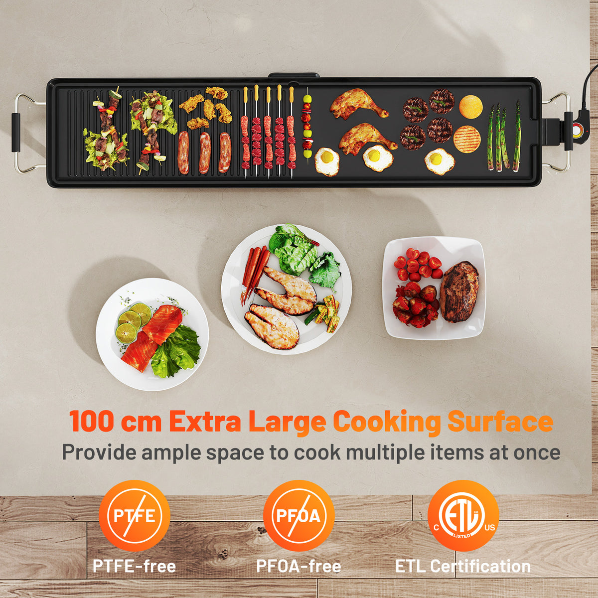 100 cm Electric Griddle, Extra Large Teppanyaki Grill with 2 Nonstick Surfaces