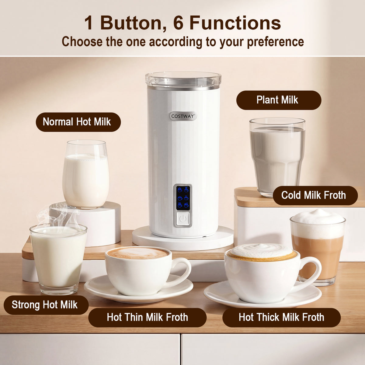 6-in-1 Electric Milk Frother Warm and Cold Foam Maker for Home Office