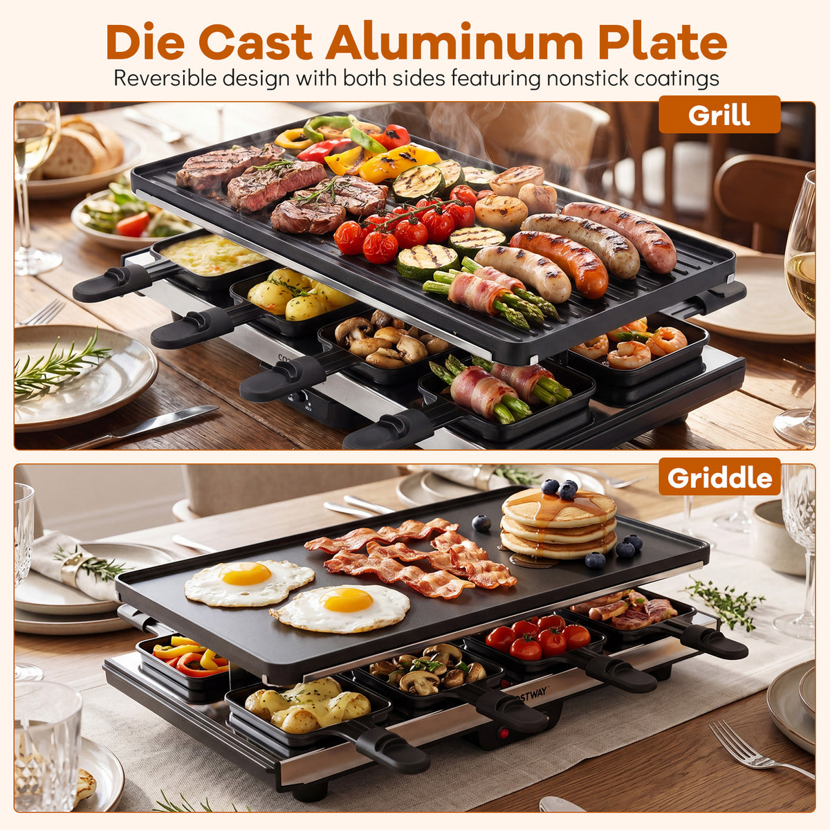 1400W Raclette Grill with Reversible Nonstick Plate for Parties