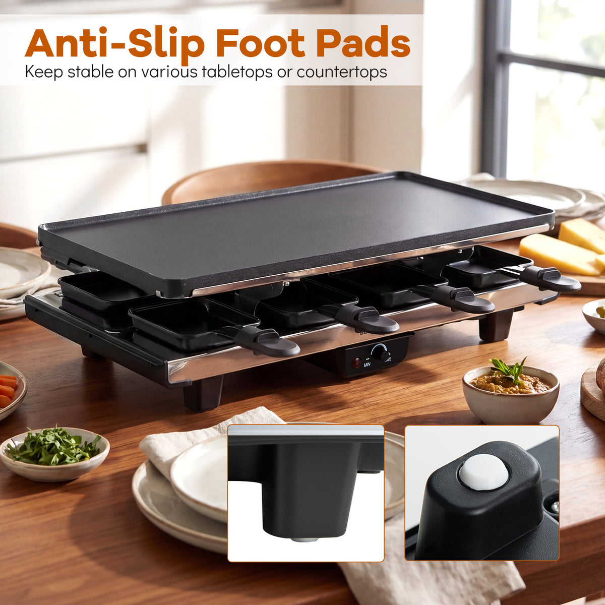 1400W Raclette Grill with Reversible Nonstick Plate for Parties