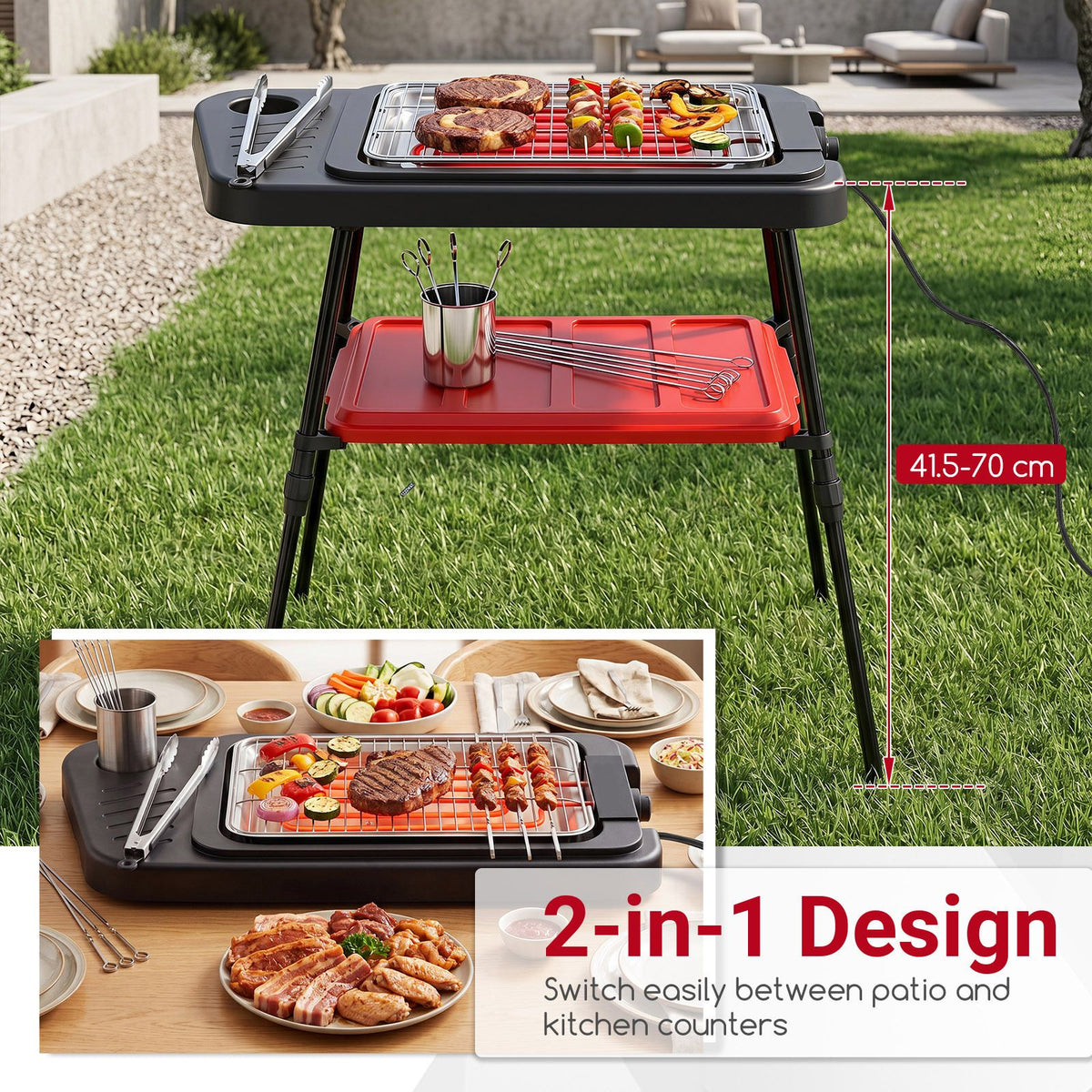 2000W 2-in-1 Electric Grill with Detachable Stand & Dual Plates Low-Smoke for Balcony