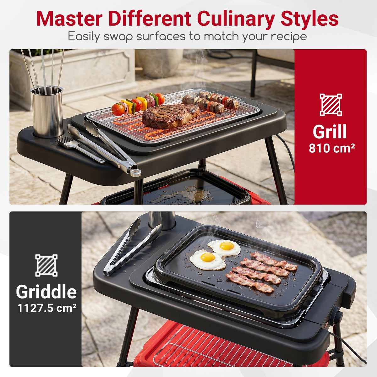 2000W 2-in-1 Electric Grill with Detachable Stand & Dual Plates Low-Smoke for Balcony