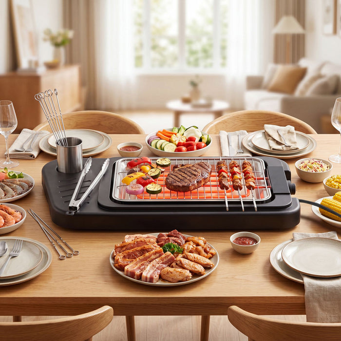 2000W 2-in-1 Electric Grill with Detachable Stand & Dual Plates Low-Smoke for Balcony