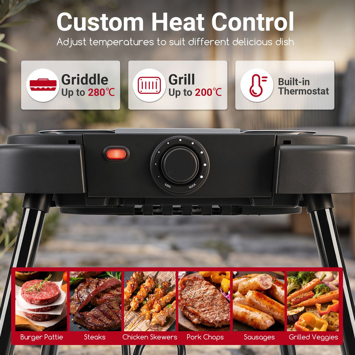 2000W 2-in-1 Electric Grill with Detachable Stand & Dual Plates Low-Smoke for Balcony