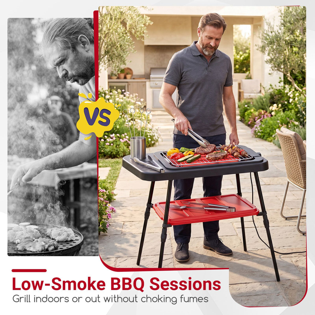 2000W 2-in-1 Electric Grill with Detachable Stand & Dual Plates Low-Smoke for Balcony