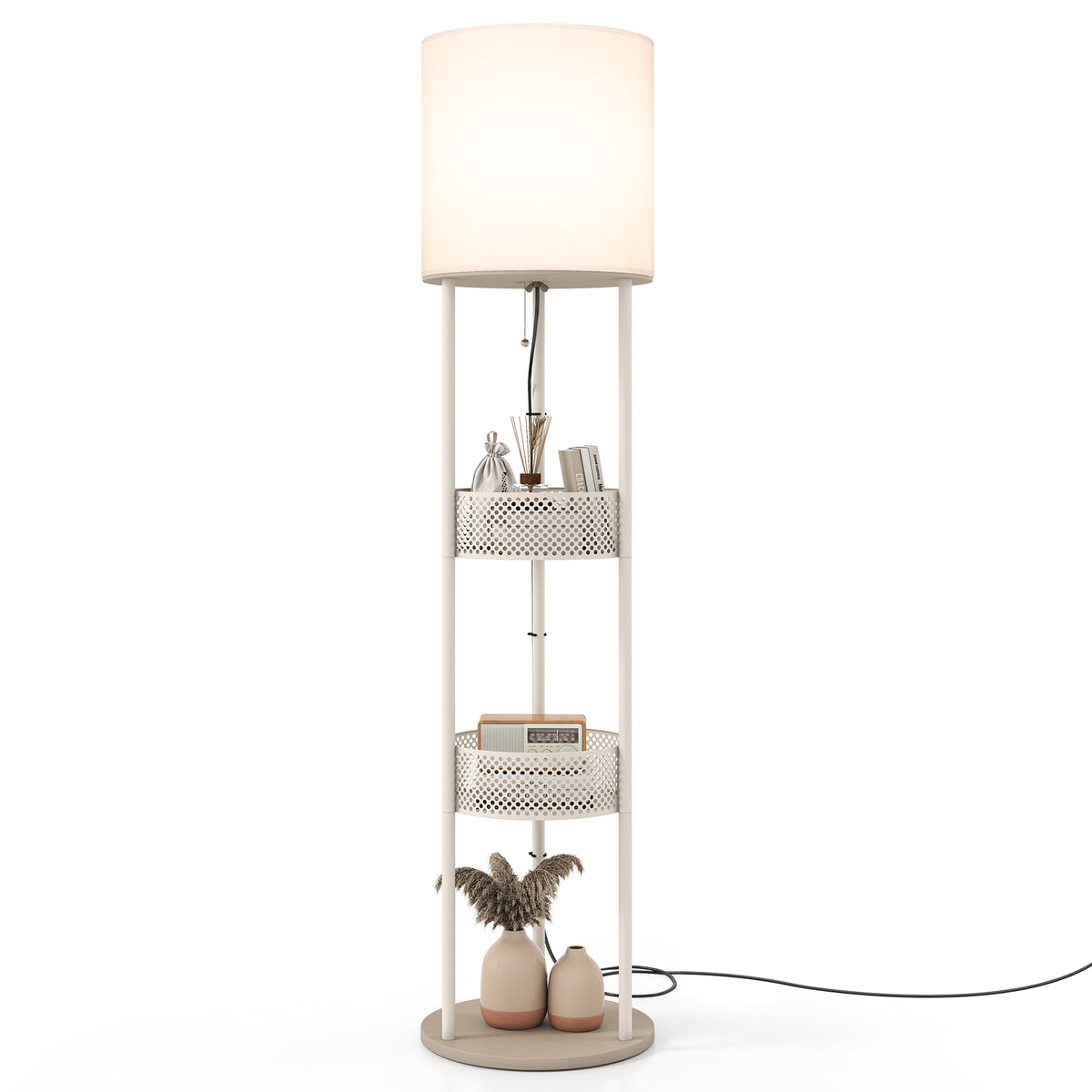 Modern Floor Lamp with 3-Tier Shelves and Pull Chain Switch