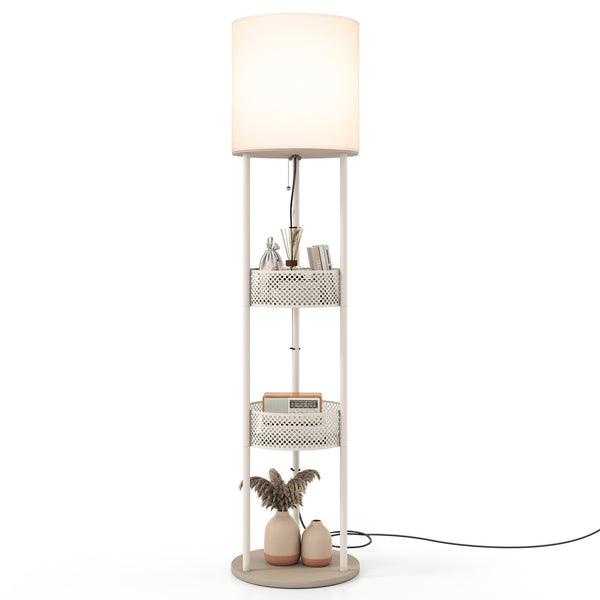 Modern Floor Lamp with 3-Tier Shelves and Pull Chain Switch