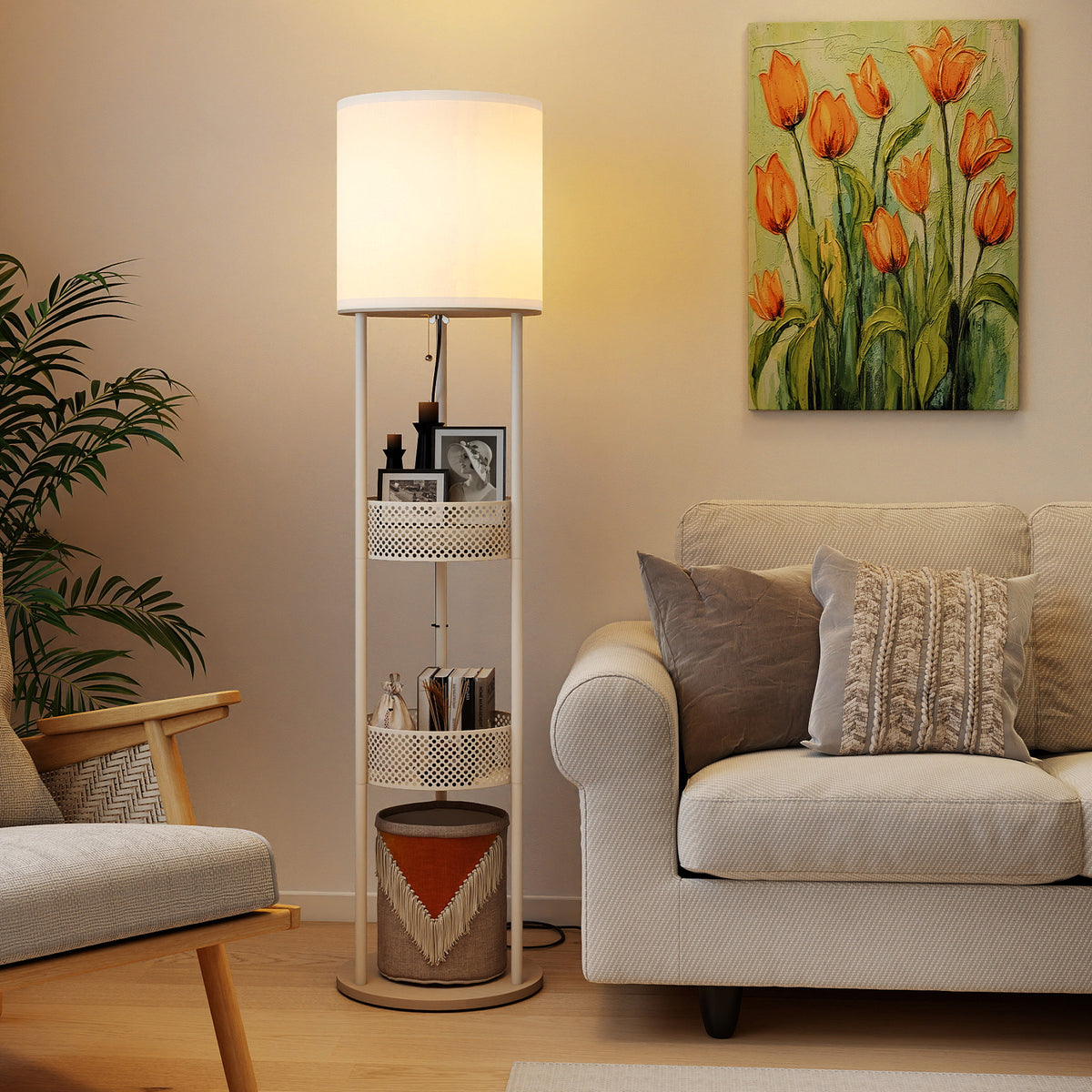 Modern Floor Lamp with 3-Tier Shelves and Pull Chain Switch