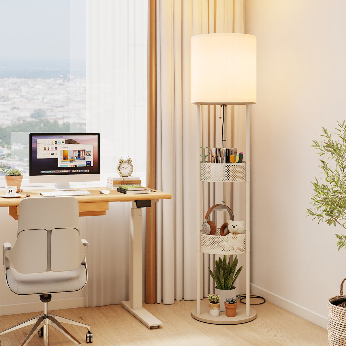 Modern Floor Lamp with 3-Tier Shelves and Pull Chain Switch