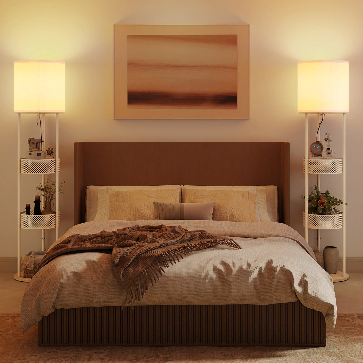 Modern Floor Lamp with 3-Tier Shelves and Pull Chain Switch