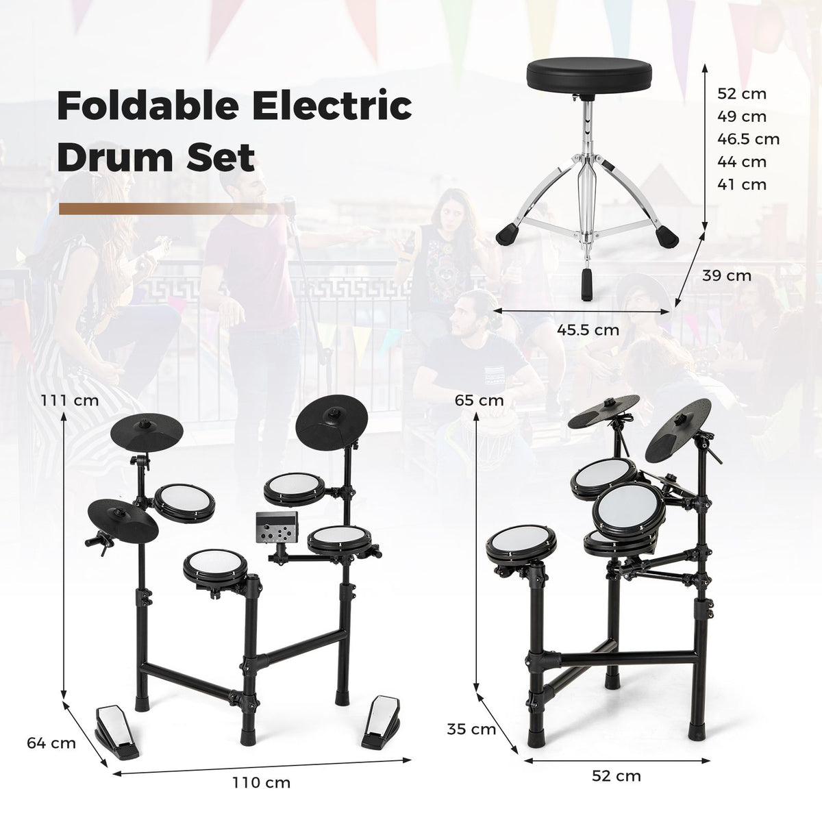 Electric Drum Set Foldable Drum Kit with 7 Inch Mesh Drum Pads