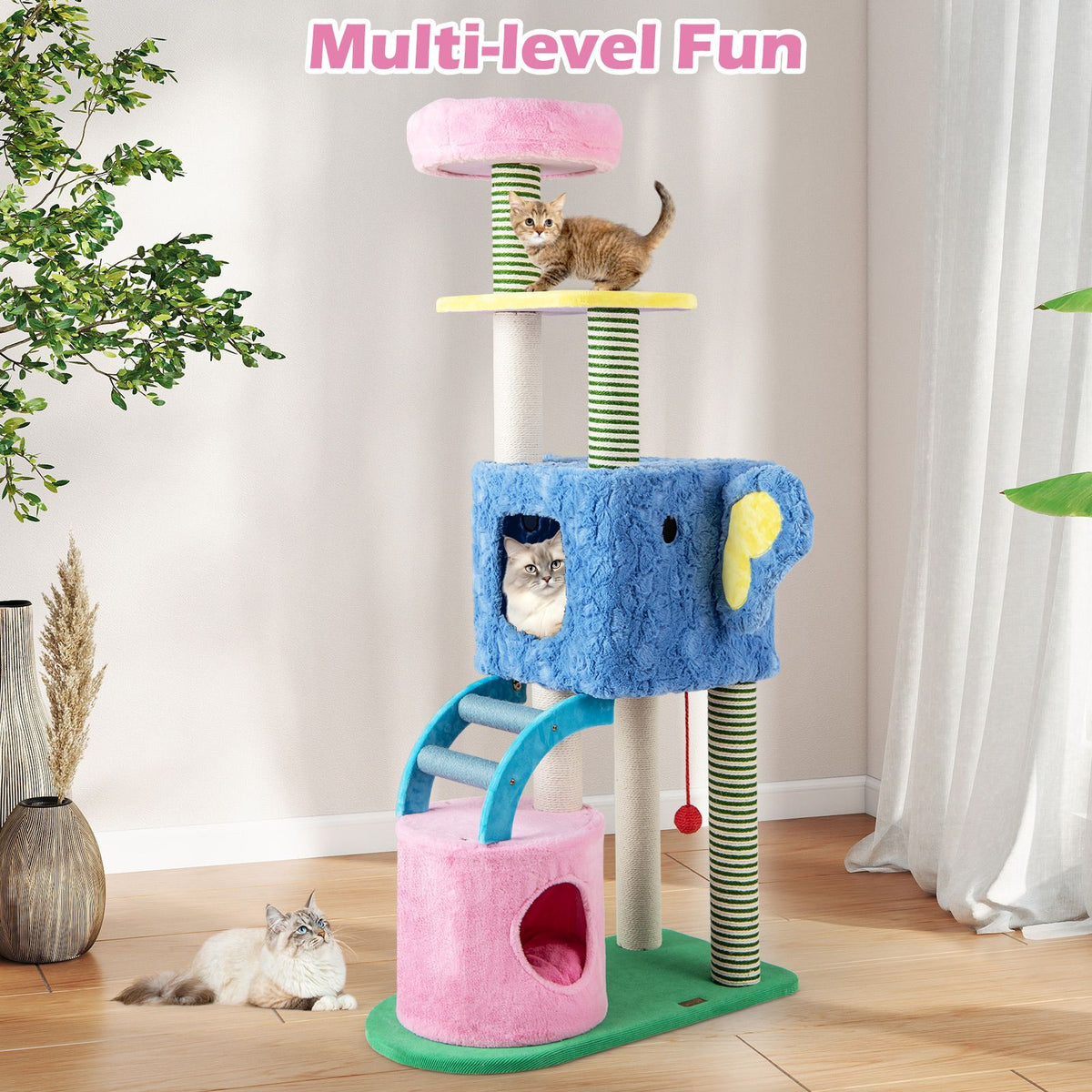 Elephant Themed Cat Tree with 2 Condos and Scratching Posts