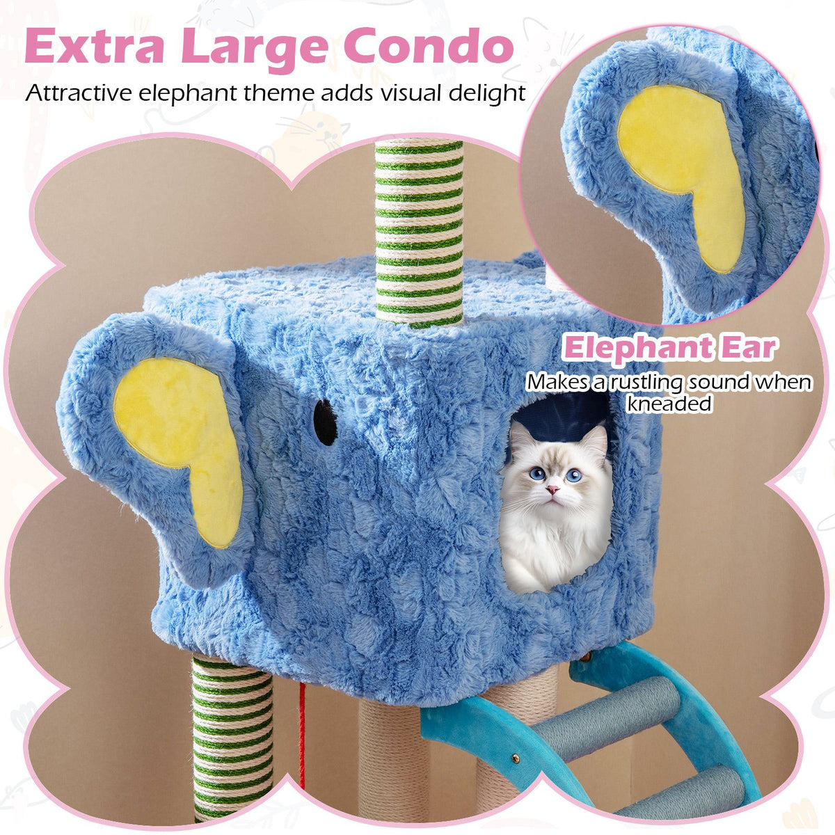 Elephant Themed Cat Tree with 2 Condos and Scratching Posts