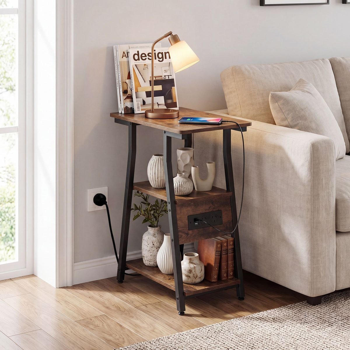 3-Tier Industrial End Table with USB Ports and Power Outlets