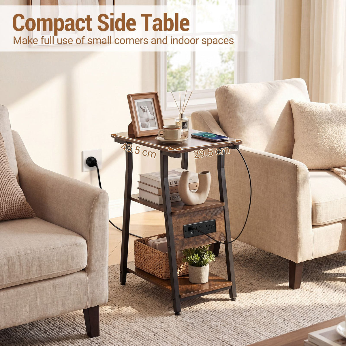 3-Tier Industrial End Table with USB Ports and Power Outlets