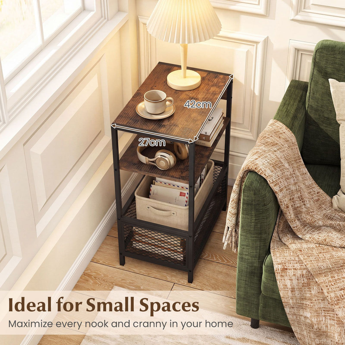 3-Tier Industrial End Table with Charging Station USB Ports