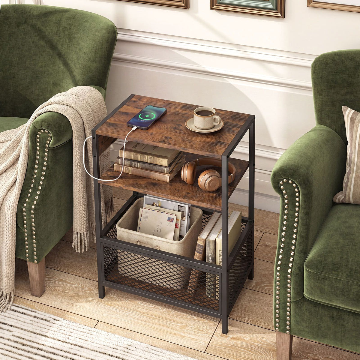 3-Tier Industrial End Table with Charging Station USB Ports