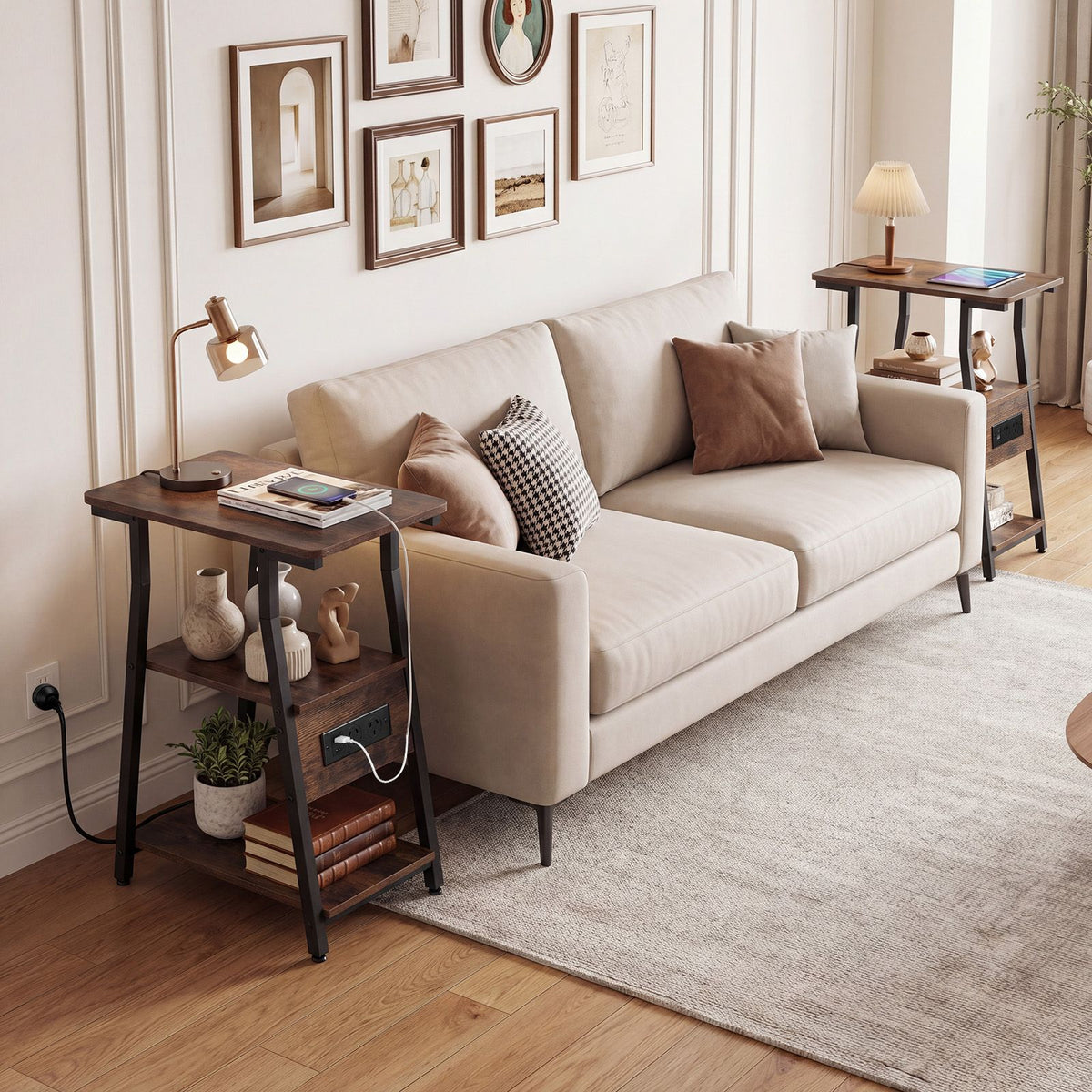 3-Tier Industrial End Table with USB Ports and Power Outlets