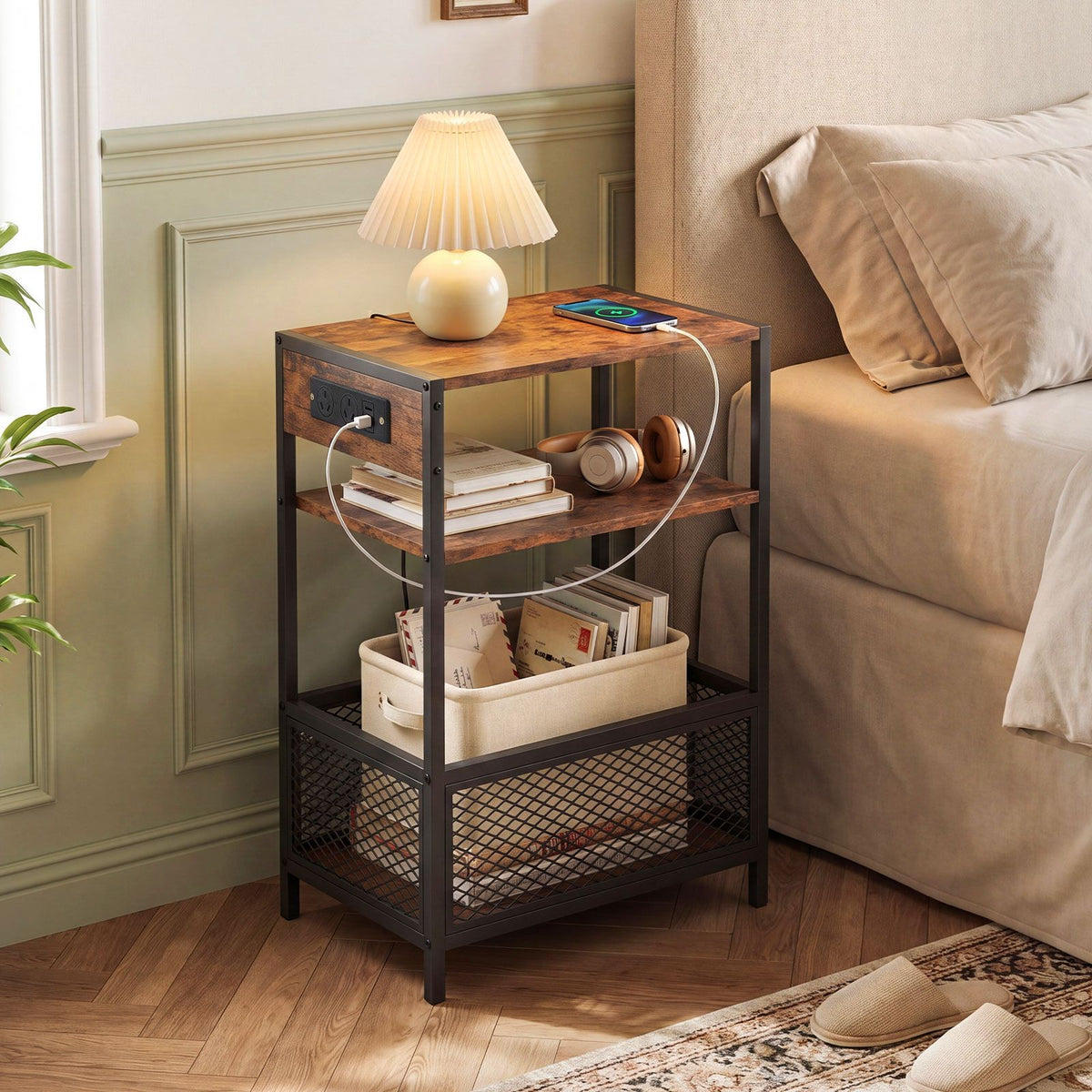 3-Tier Industrial End Table with Charging Station USB Ports