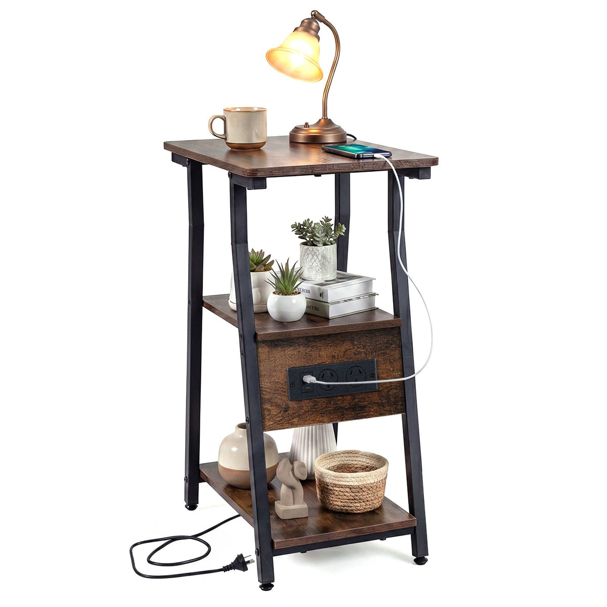 3-Tier Industrial End Table with USB Ports and Power Outlets