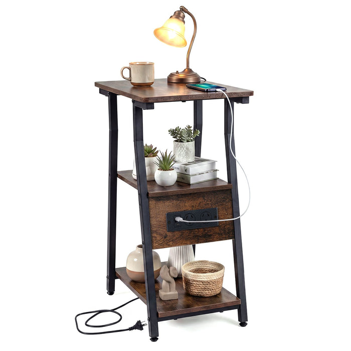3-Tier Industrial End Table with USB Ports and Power Outlets
