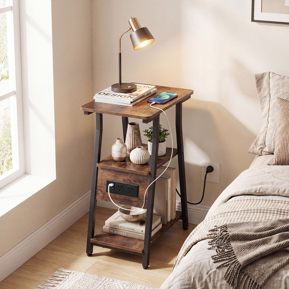 3-Tier Industrial End Table with USB Ports and Power Outlets