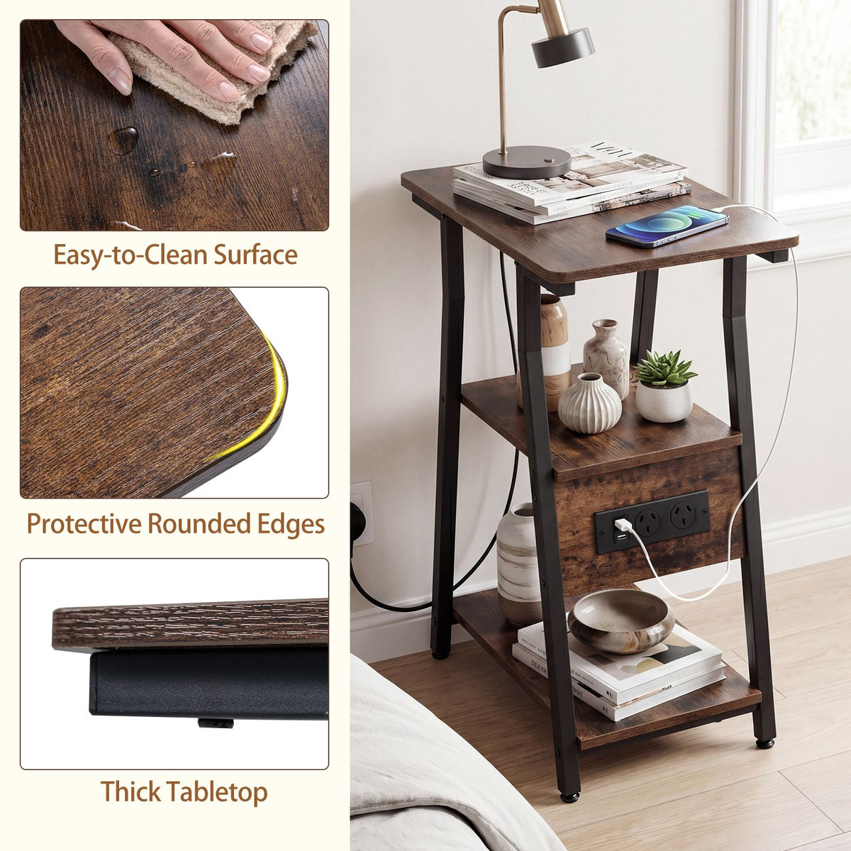 3-Tier Industrial End Table with USB Ports and Power Outlets