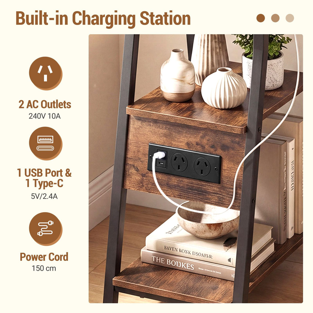 3-Tier Industrial End Table with USB Ports and Power Outlets