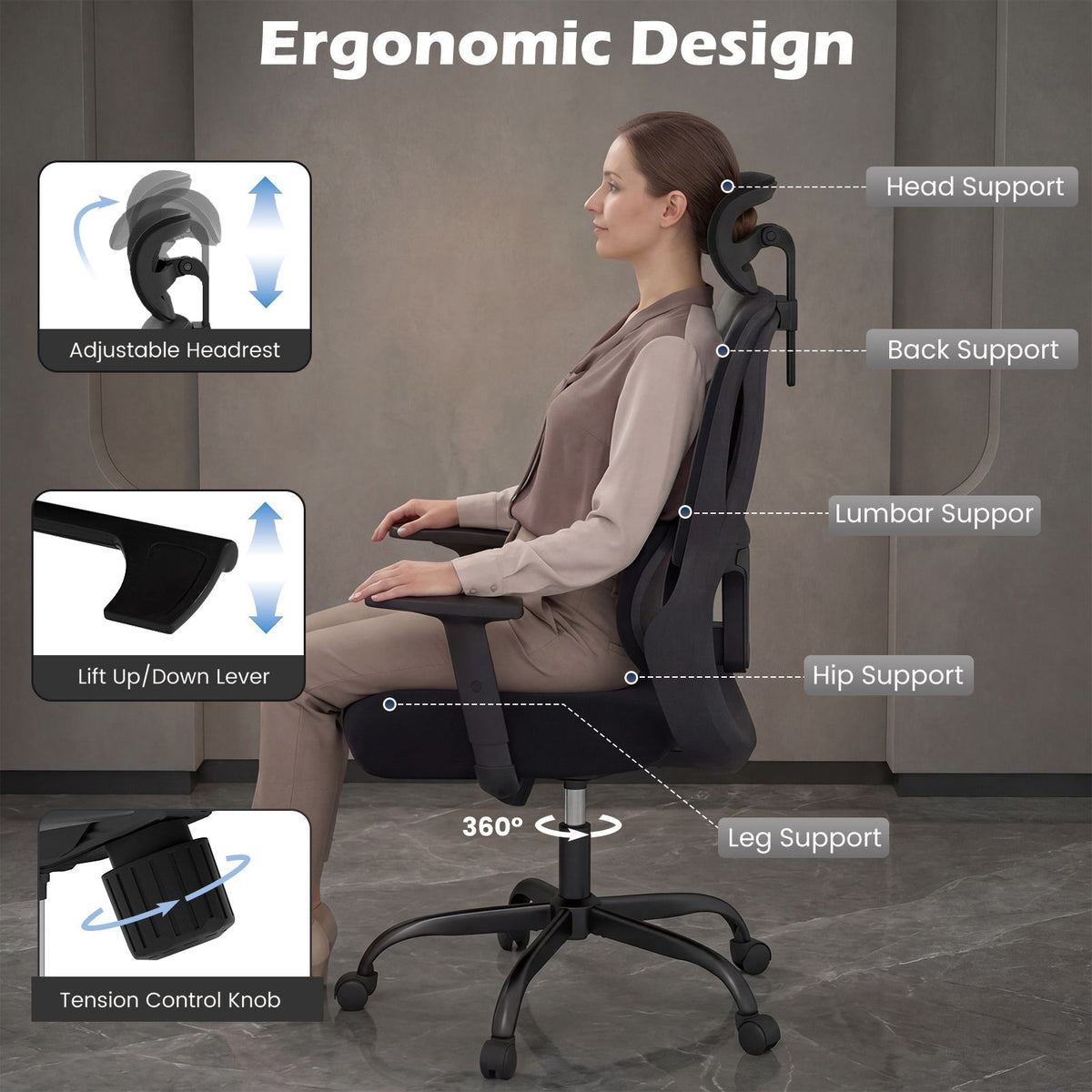 Ergonomic Office Chair with Headrest and Adjustable Backrest