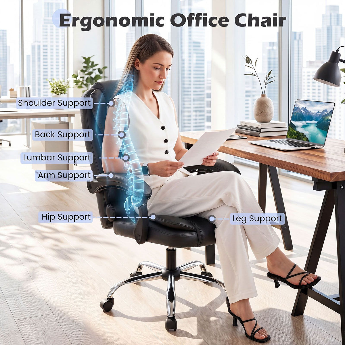 Executive Chair High Back with Linkage Armrests and Adjustable Height for Office
