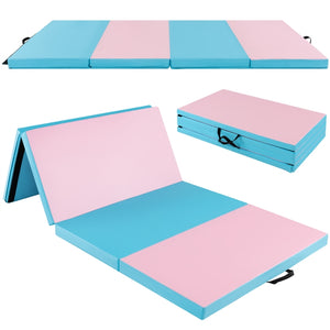 2.4M 4-Panel PU Leather Gym Mat w/Hook & Loop Fasteners & Carrying Handles for Gymnastics