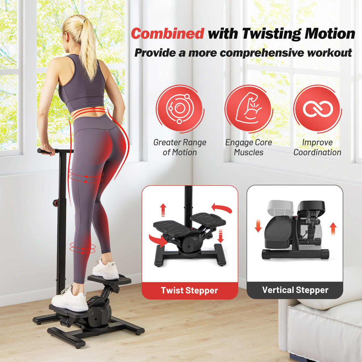 Steppers for Exercise, Twist Stair Stepper Workout Equipment w/Height-Adjustable Handlebar